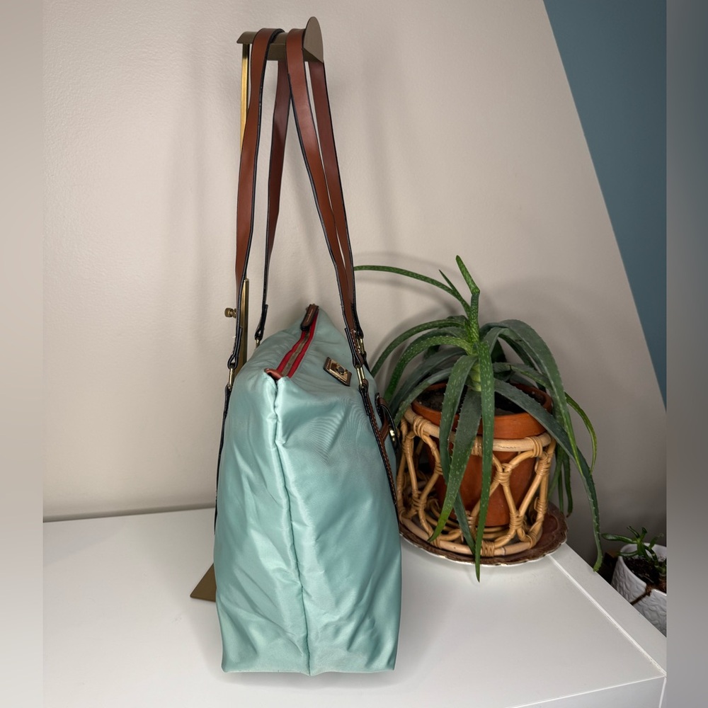 Dooney & Bourke Mint Nylon Shopper Tote + Pouch Leather Trim Stripe Lining - Picture 2 of 13